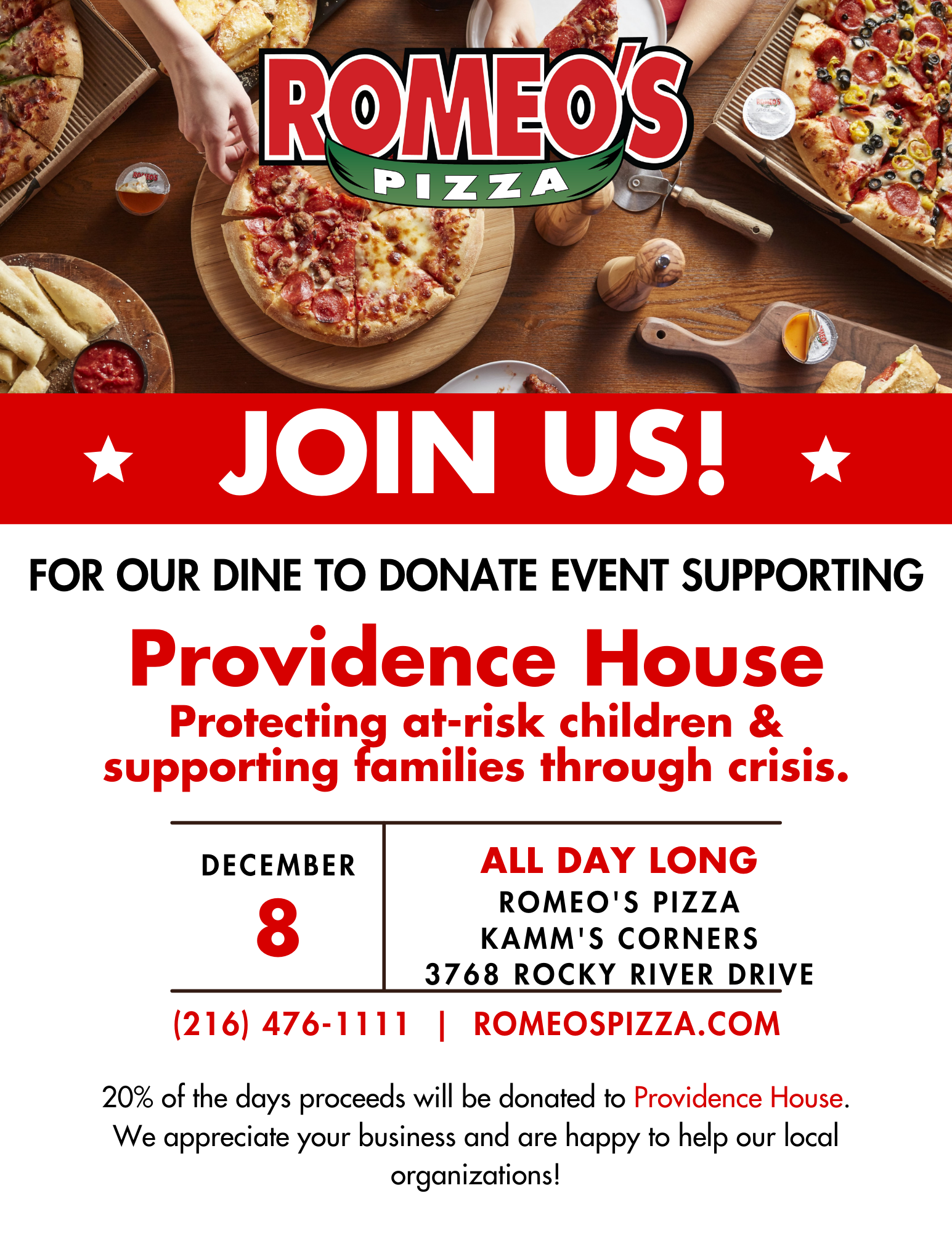 Dine to Donate with Romeo's Pizza Wednesday, December 08, 2021 Provdence House
